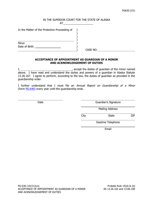 Form PG-630 Acceptance of Appointment as Guardian of a Minor and Acknowledgement of Duties - Alaska