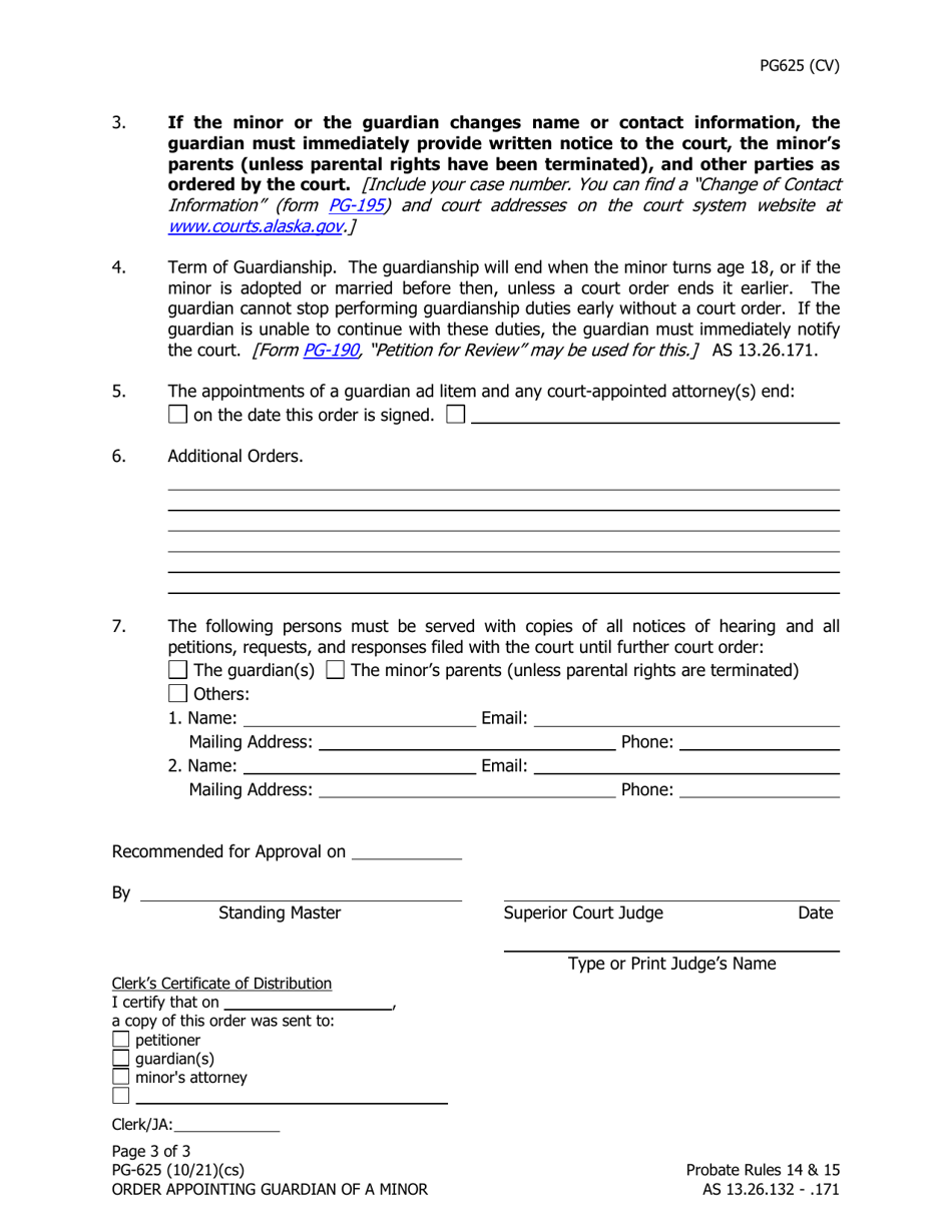 Form PG-625 Order Appointing Guardian of a Minor - Alaska, Page 3