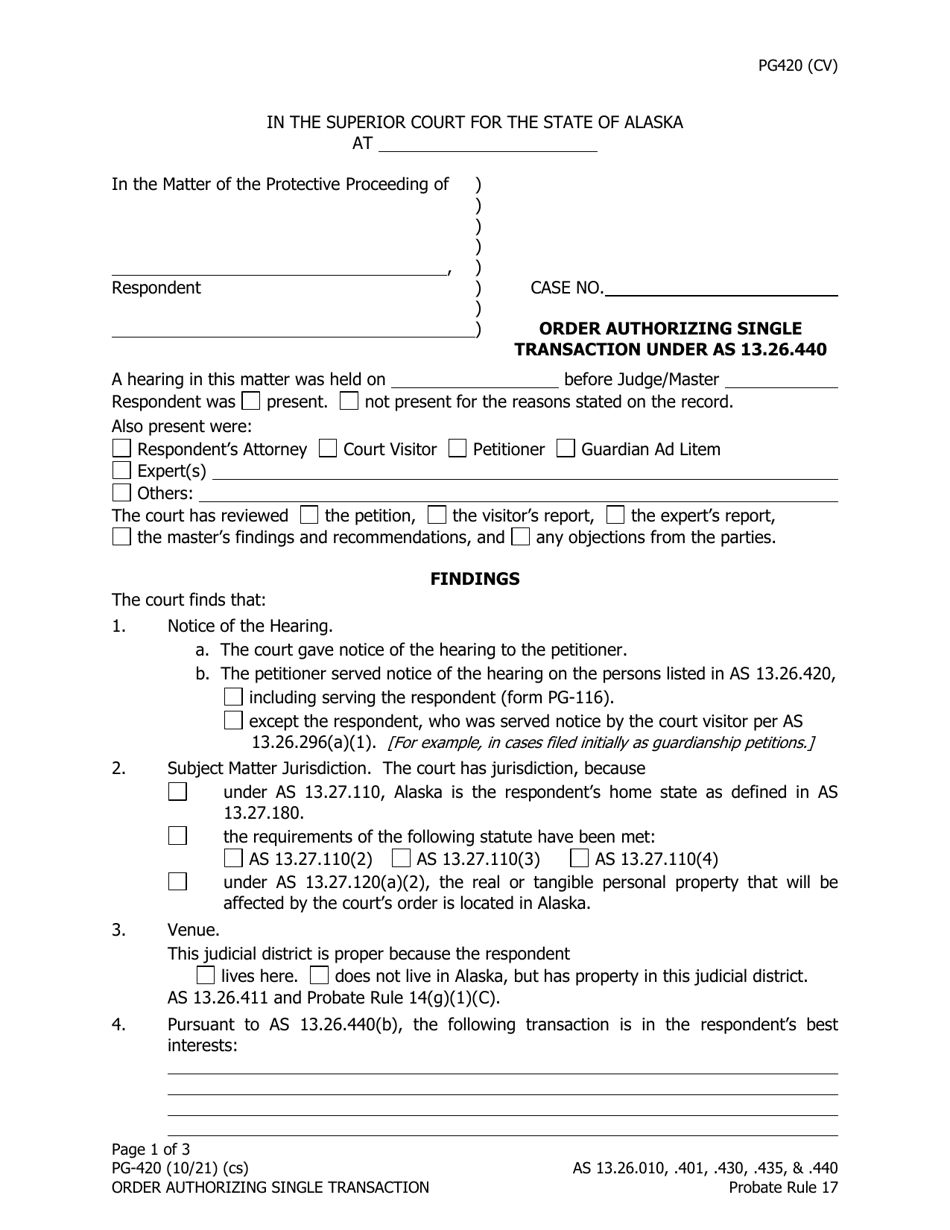 Form PG-420 Order Authorizing Single Transaction Under as 13.26.440 - Alaska, Page 1