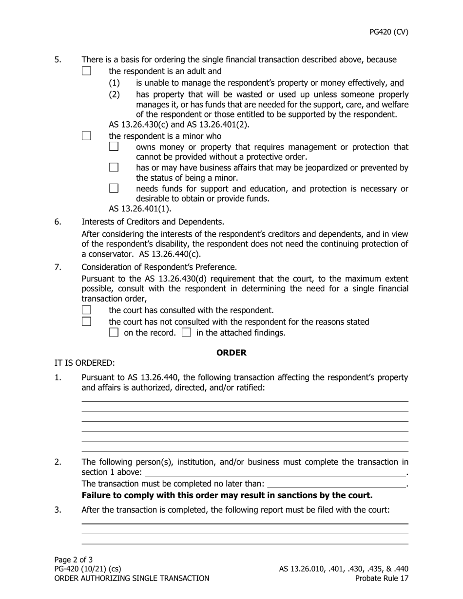 Form PG-420 Order Authorizing Single Transaction Under as 13.26.440 - Alaska, Page 2
