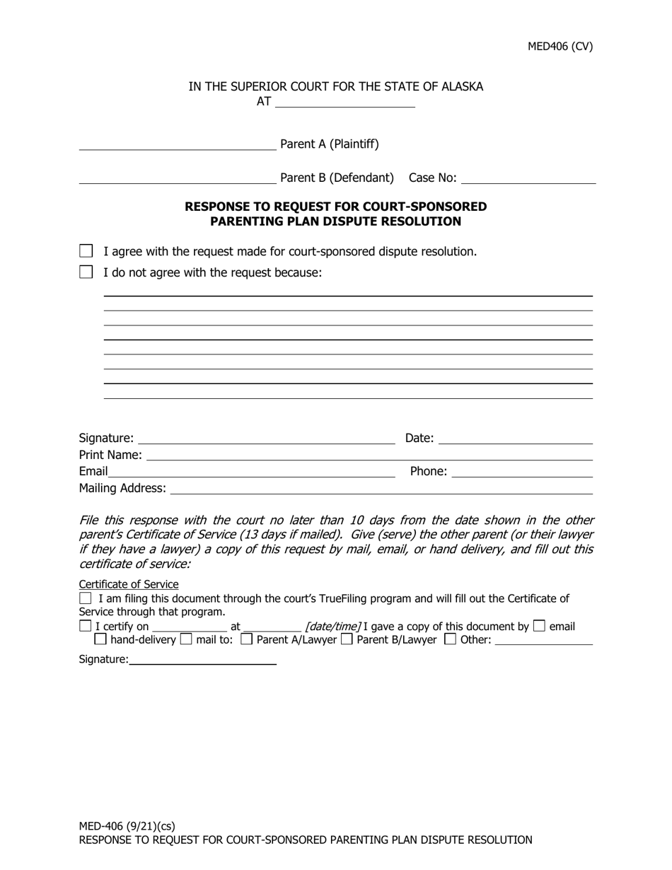 Form MED-406 Response to Request for Court-Sponsored Parenting Plan Dispute Resolution - Alaska, Page 1
