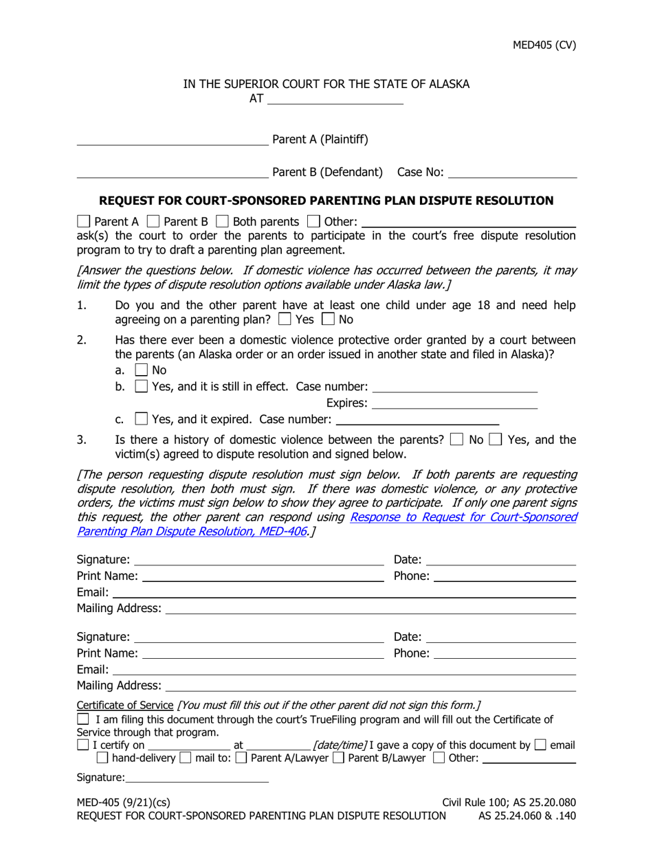 Form MED-405 Request for Court-Sponsored Parenting Plan Dispute Resolution - Alaska, Page 1