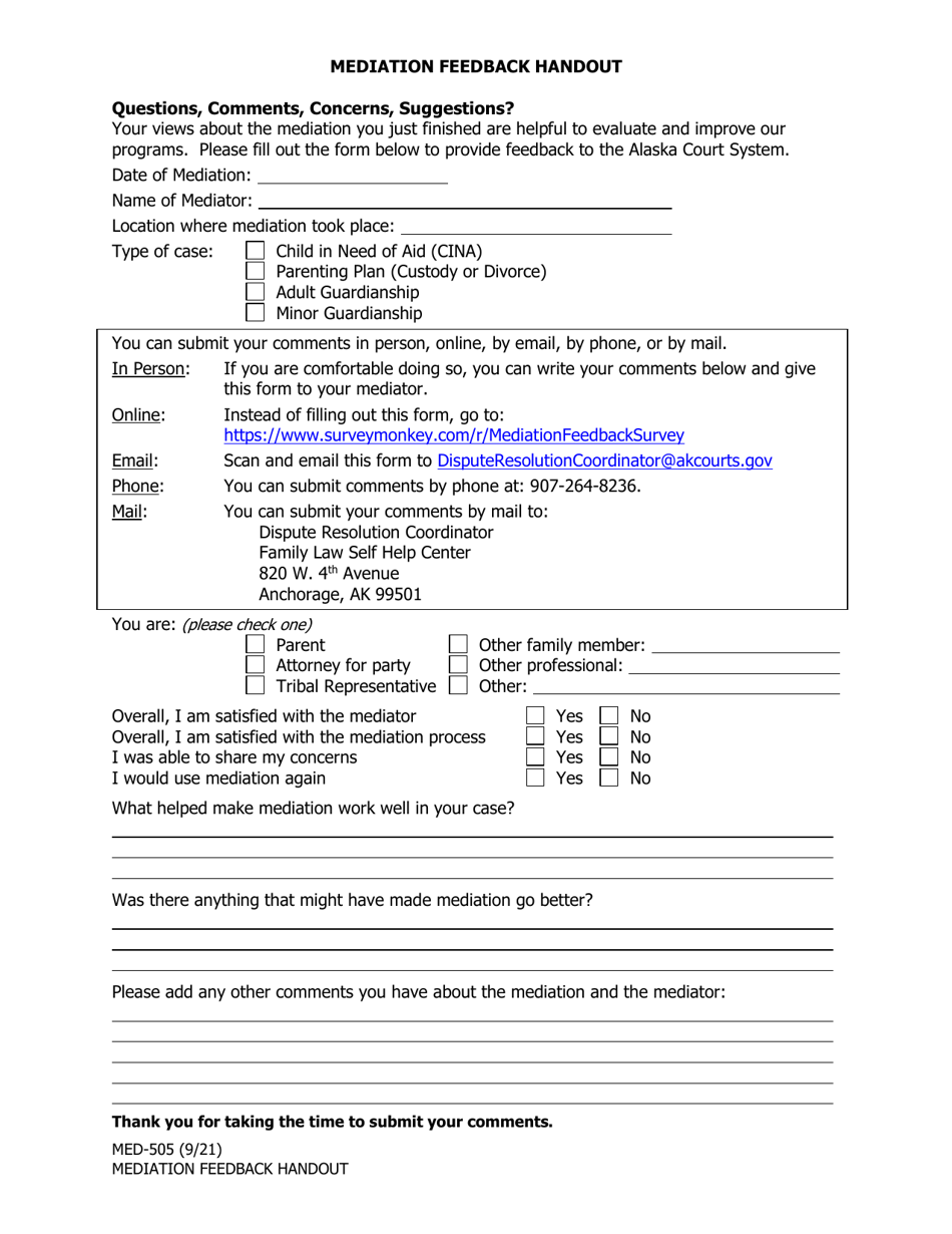 Form MED-505 Mediation Feedback Handout - Alaska, Page 1