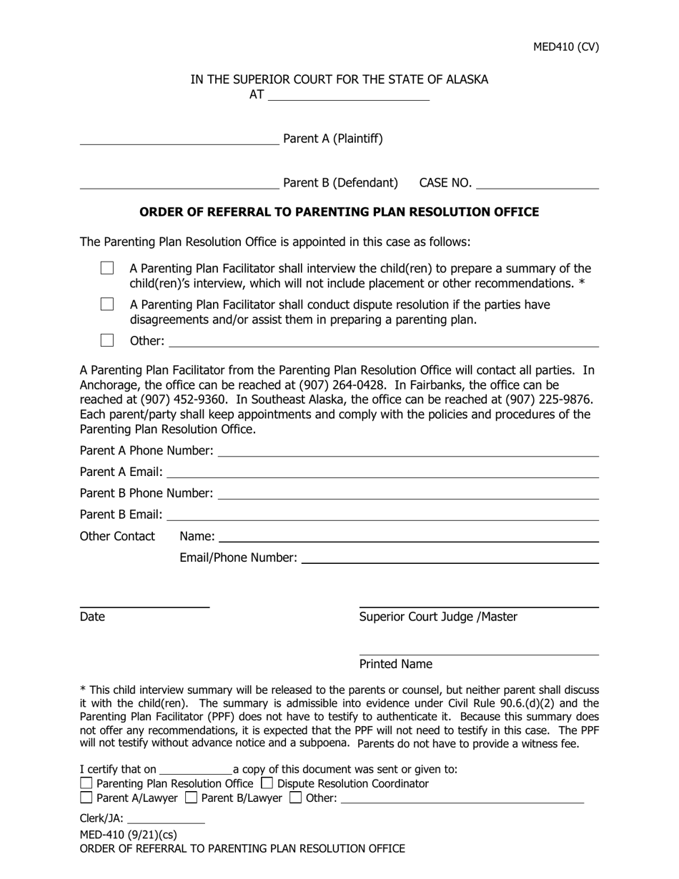 Form MED-410 Order of Referral to Parenting Plan Resolution Office - Alaska, Page 1