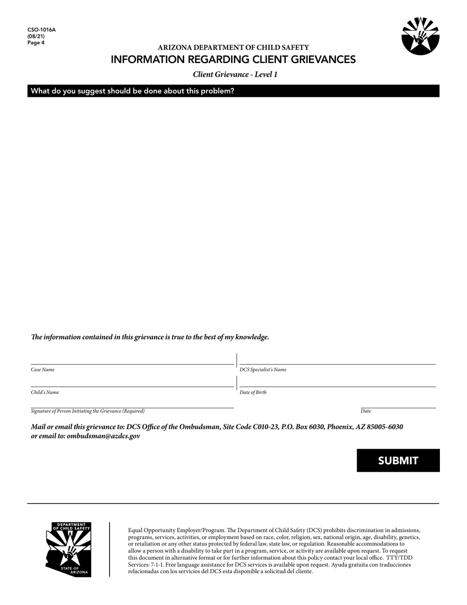 Form CSO-1016A Information Regarding Client Grievances - Client Grievance - Level 1 - Arizona, Page 4