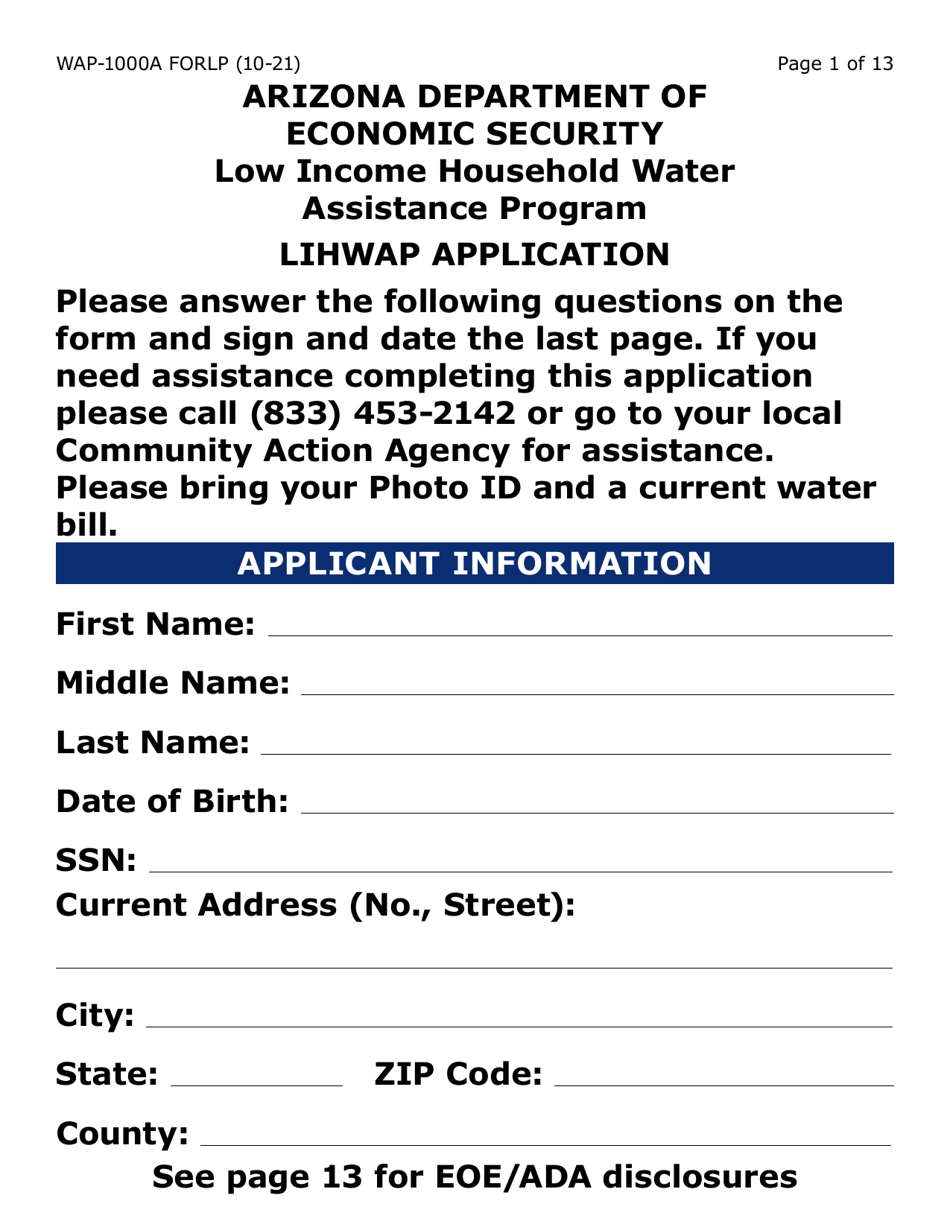 Form WAP-1000A-LP Lihwap Application (Large Print) - Arizona, Page 1