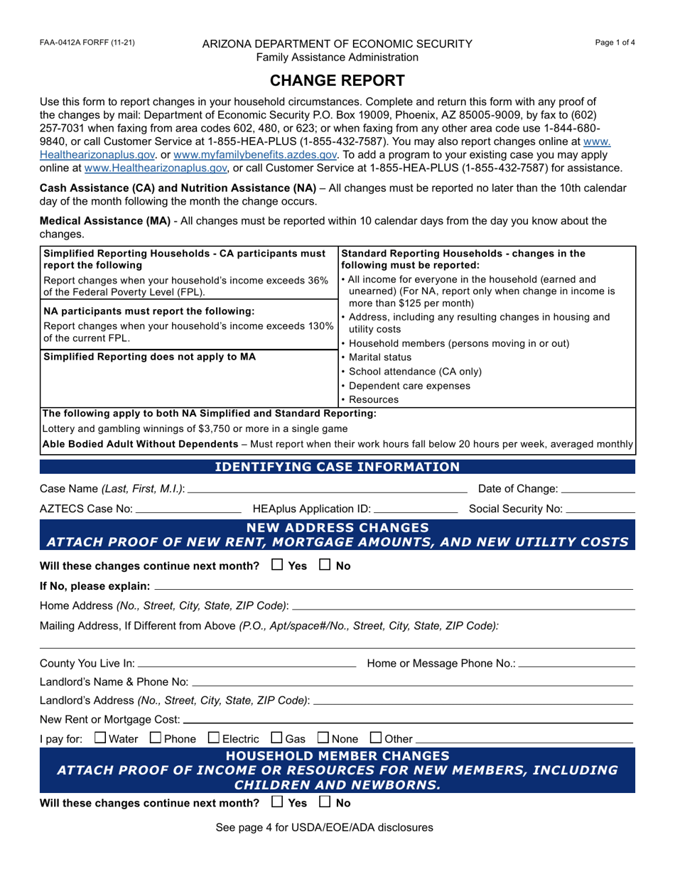 Form FAA-0412A Change Report - Arizona, Page 1