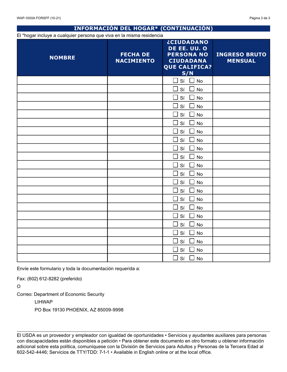 Formulario WAP-1000A-S Solicitud Del Lihwap - Arizona (Spanish), Page 3