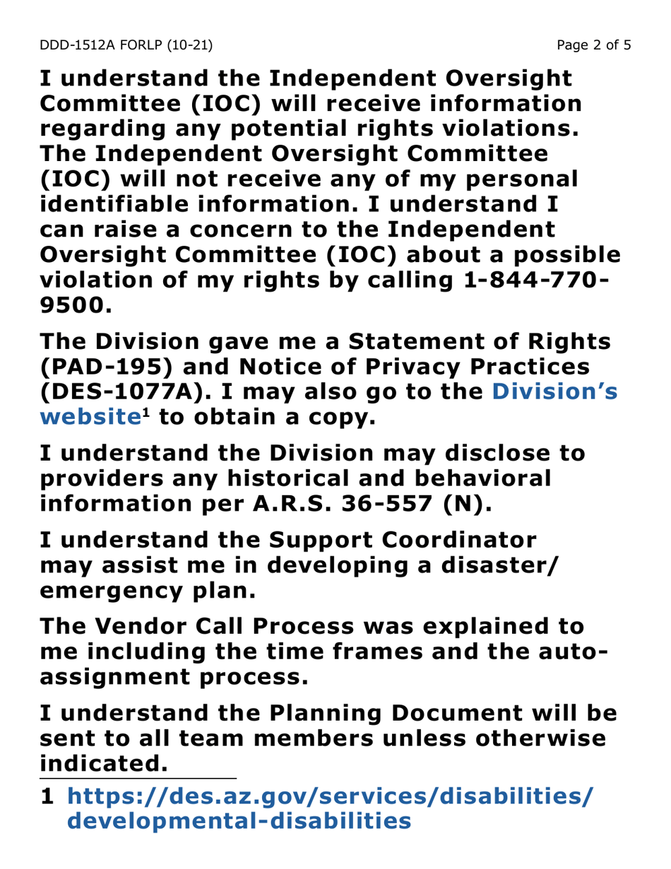 Form DDD-1512A-LP Acknowledgment of Publications / Information (Large Print) - Arizona, Page 2