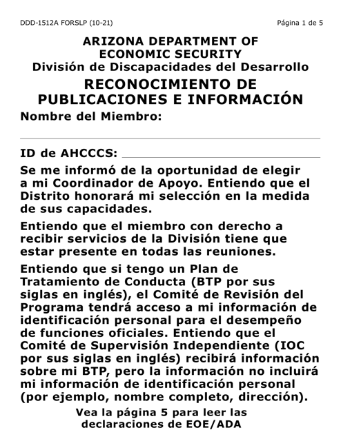 Formulario DDD-1512A-SLP Reconocimiento De Publicaciones E Informacion (Letra Grande) - Arizona (Spanish)