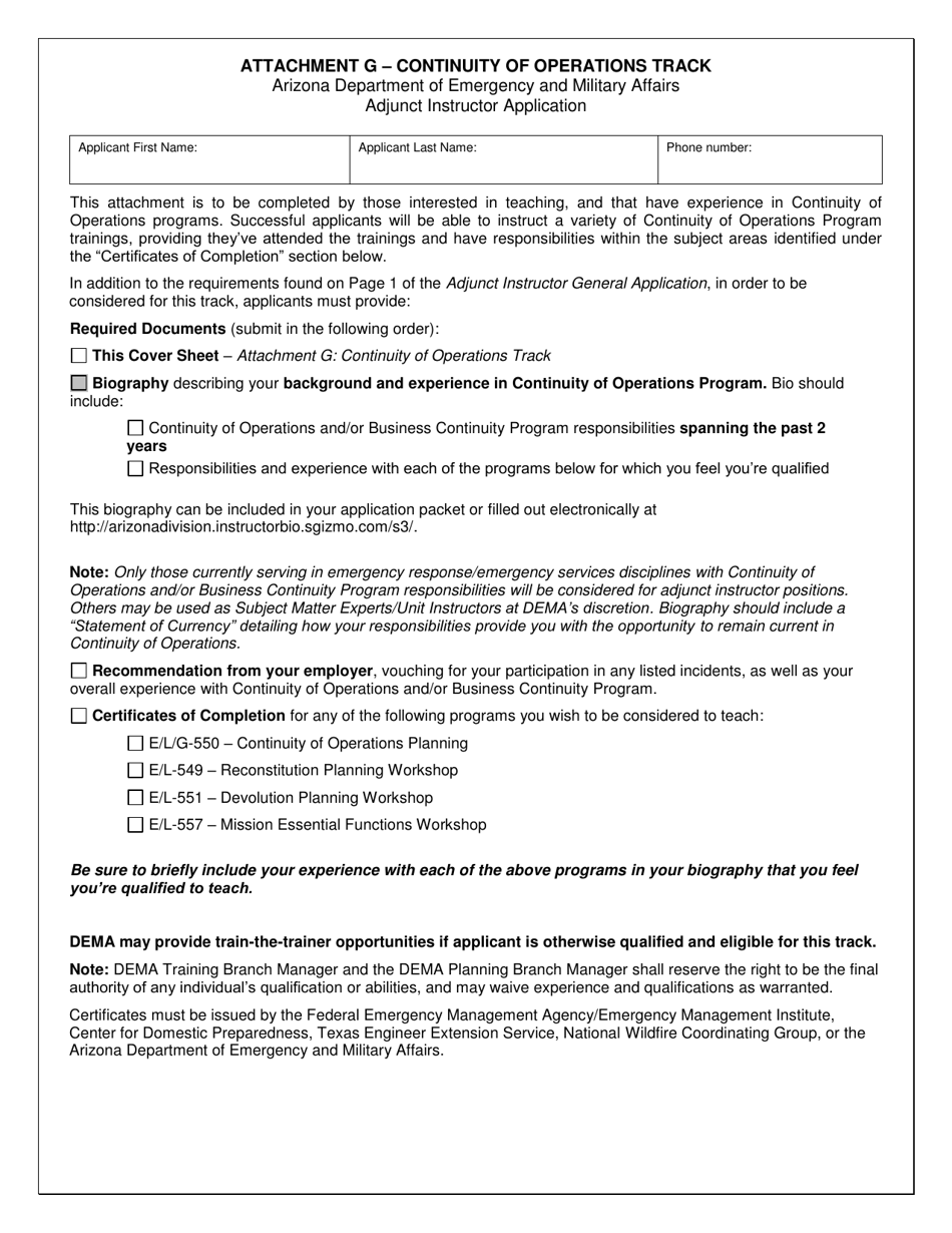 Attachment G Continuity of Operations Track - Arizona, Page 1