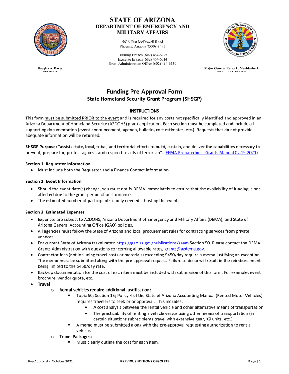 Shsgp Funding Pre-approval Form - Arizona, Page 1