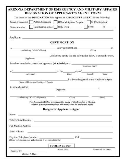 Form AZ PA204-4 Designation of Applicant's Agent Form - Arizona