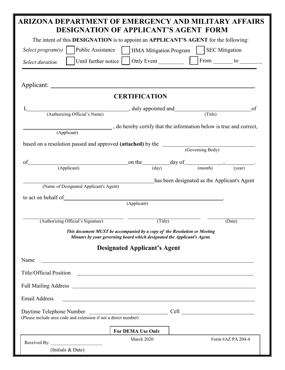 Form AZ PA204 4 Fill Out Sign Online And Download Fillable PDF   Form Az Pa204 4 Designation Of Applicant S Agent Form Arizona Print Big 