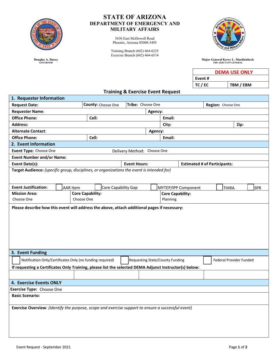 Training and Exercise Event Request - Arizona, Page 1