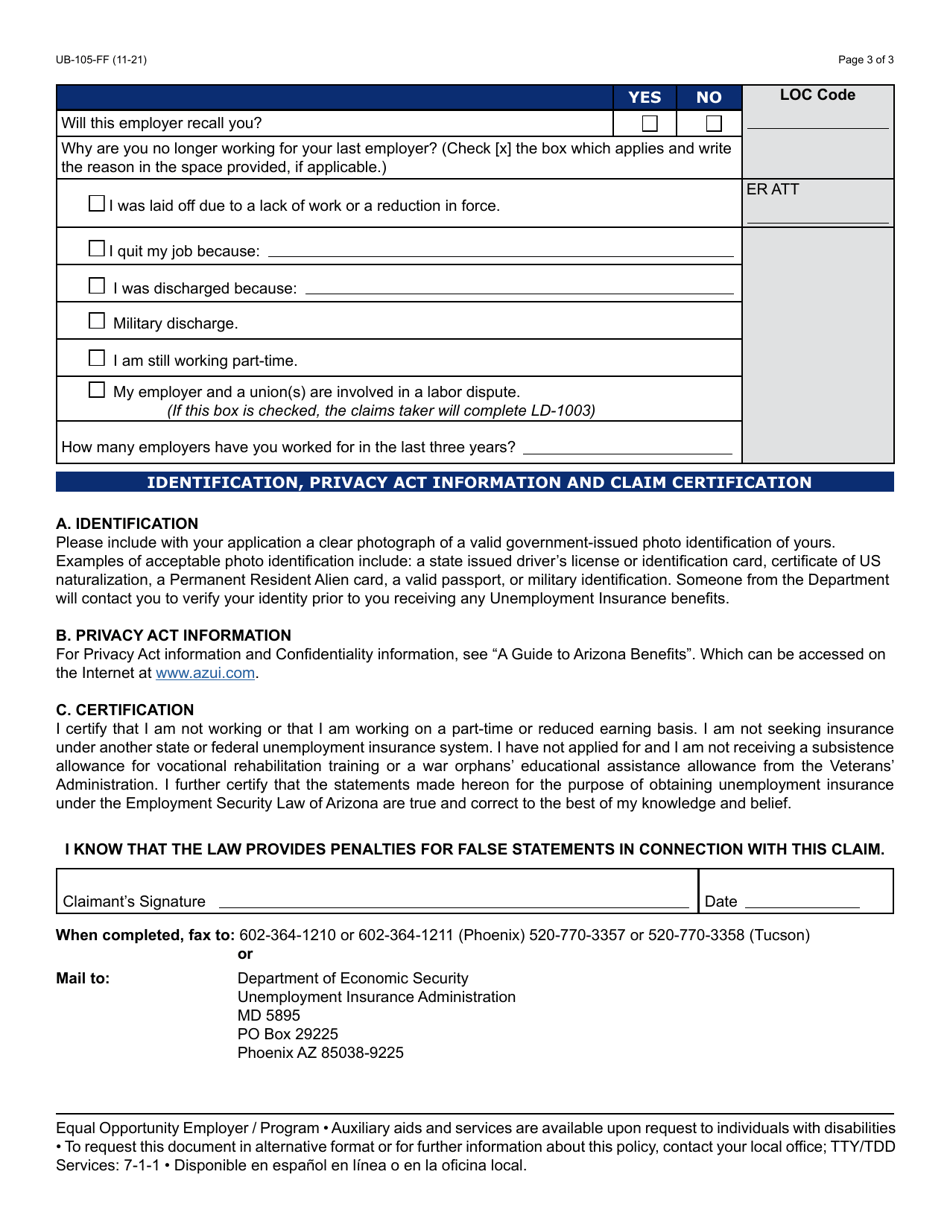 Form UB-105 Arizona Initial Claim for Unemployment Insurance - Arizona, Page 3