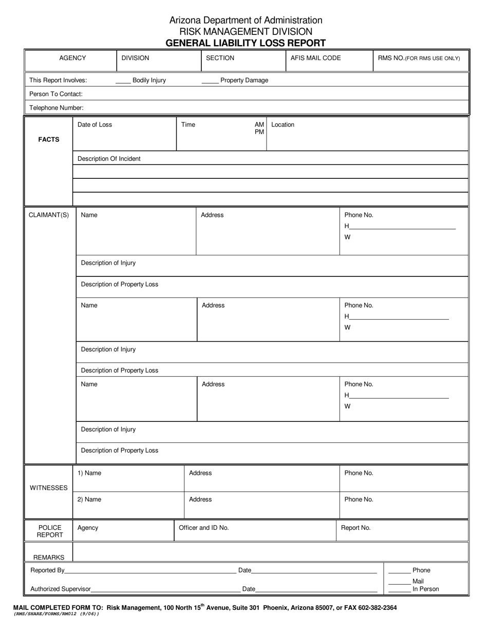 Form RM012 General Liability Loss Report - Arizona, Page 1