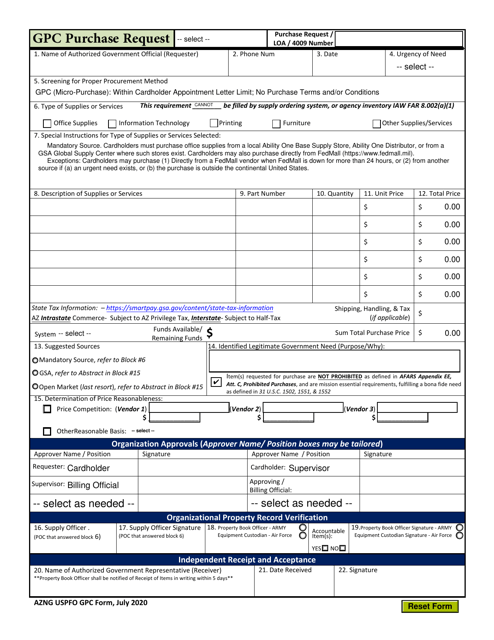 Form AZNG USPFO GPC Gpc Purchase Request - Arizona