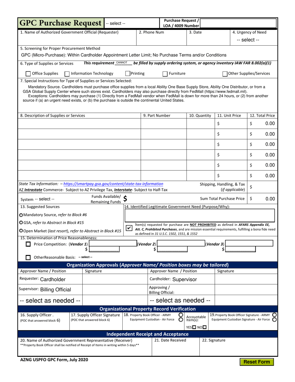 Form AZNG USPFO GPC Gpc Purchase Request - Arizona, Page 1