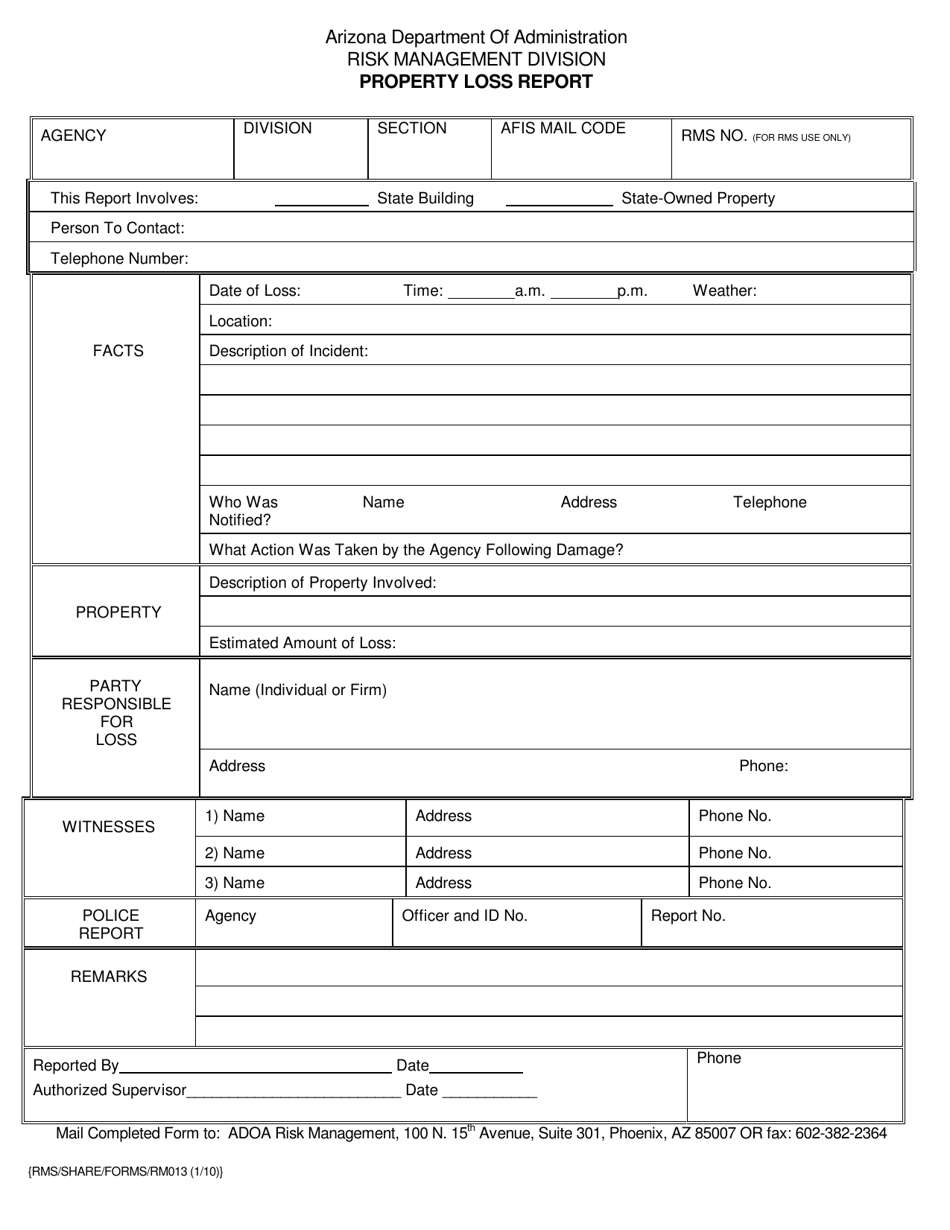 Form RM013 Property Loss Report - Arizona, Page 1
