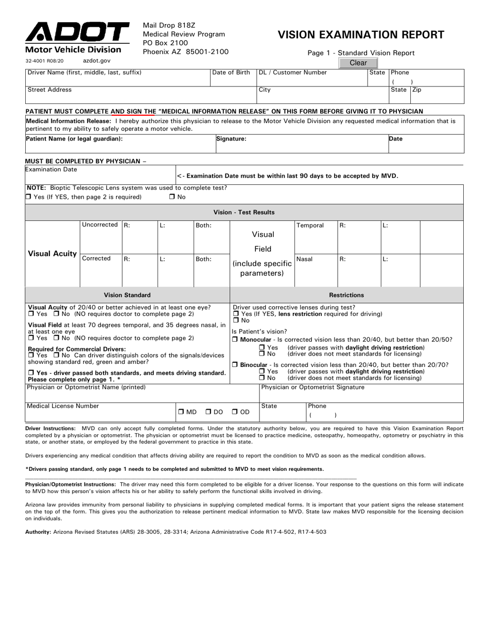 Form 32-4001 Vision Examination Report - Arizona, Page 1
