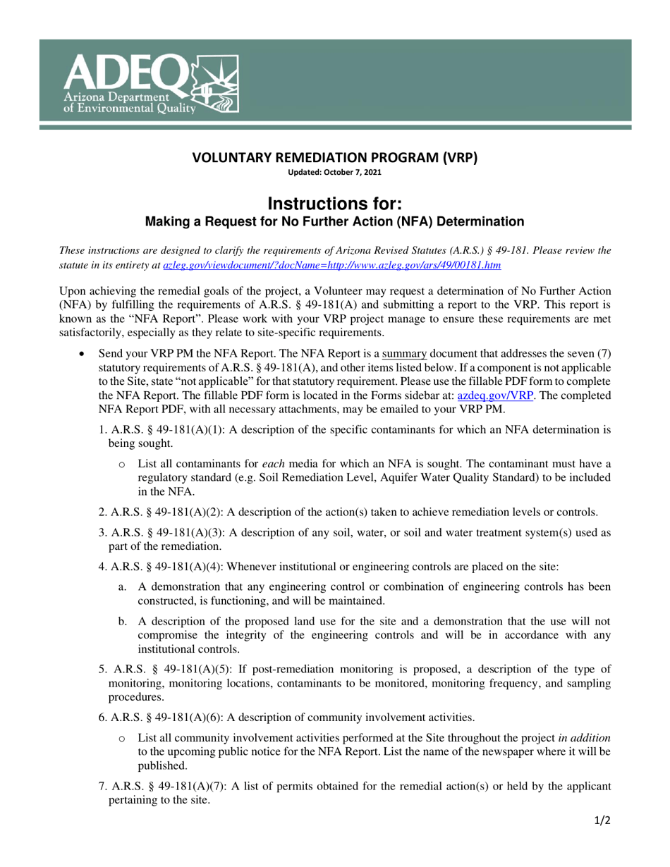 Instructions for Making a Request for No Further Action (Nfa) Determination - Voluntary Remediation Program (Vrp) - Arizona, Page 1