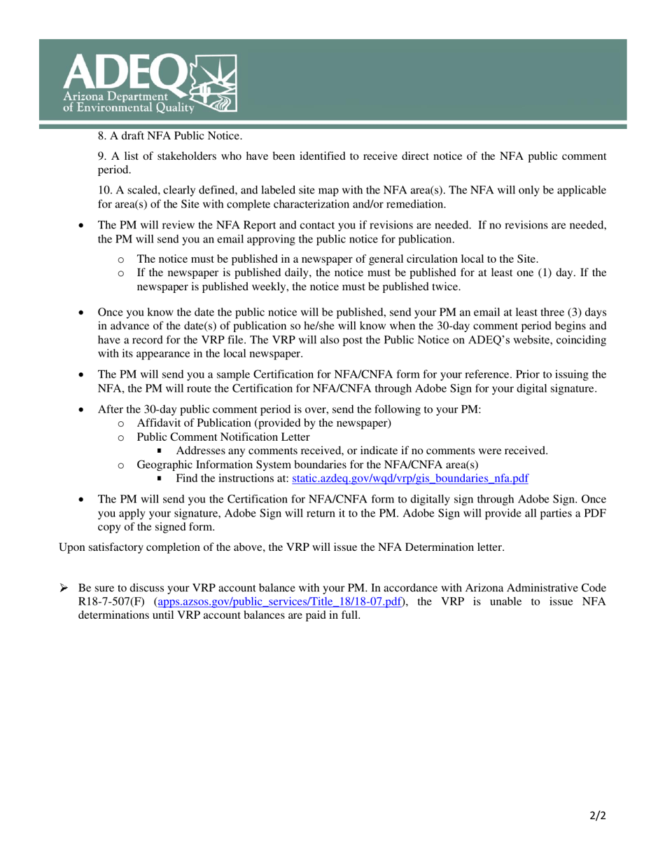 Instructions for Making a Request for No Further Action (Nfa) Determination - Voluntary Remediation Program (Vrp) - Arizona, Page 2