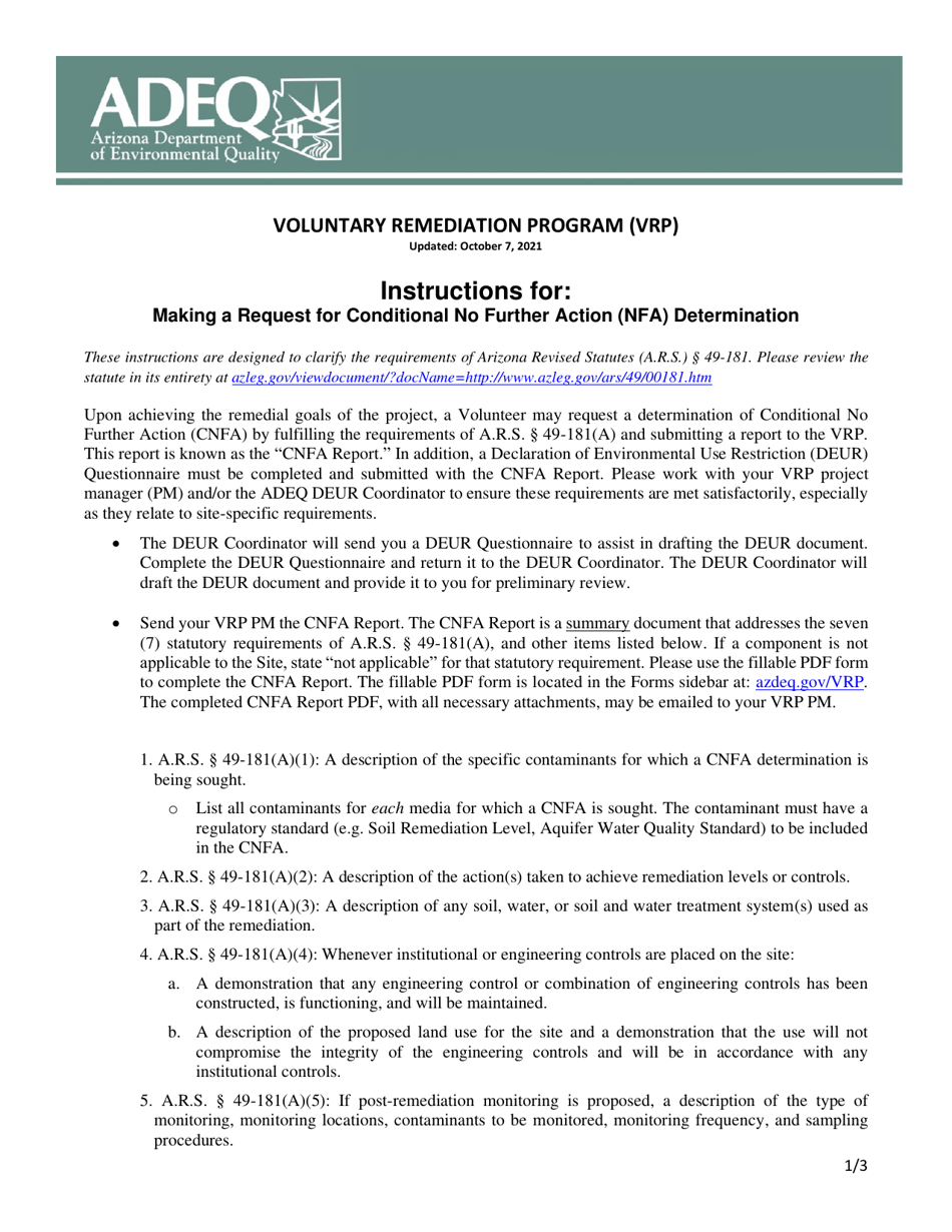 Instructions for Conditional No Further Action Report - Voluntary Remediation Program (Vrp) - Arizona, Page 1