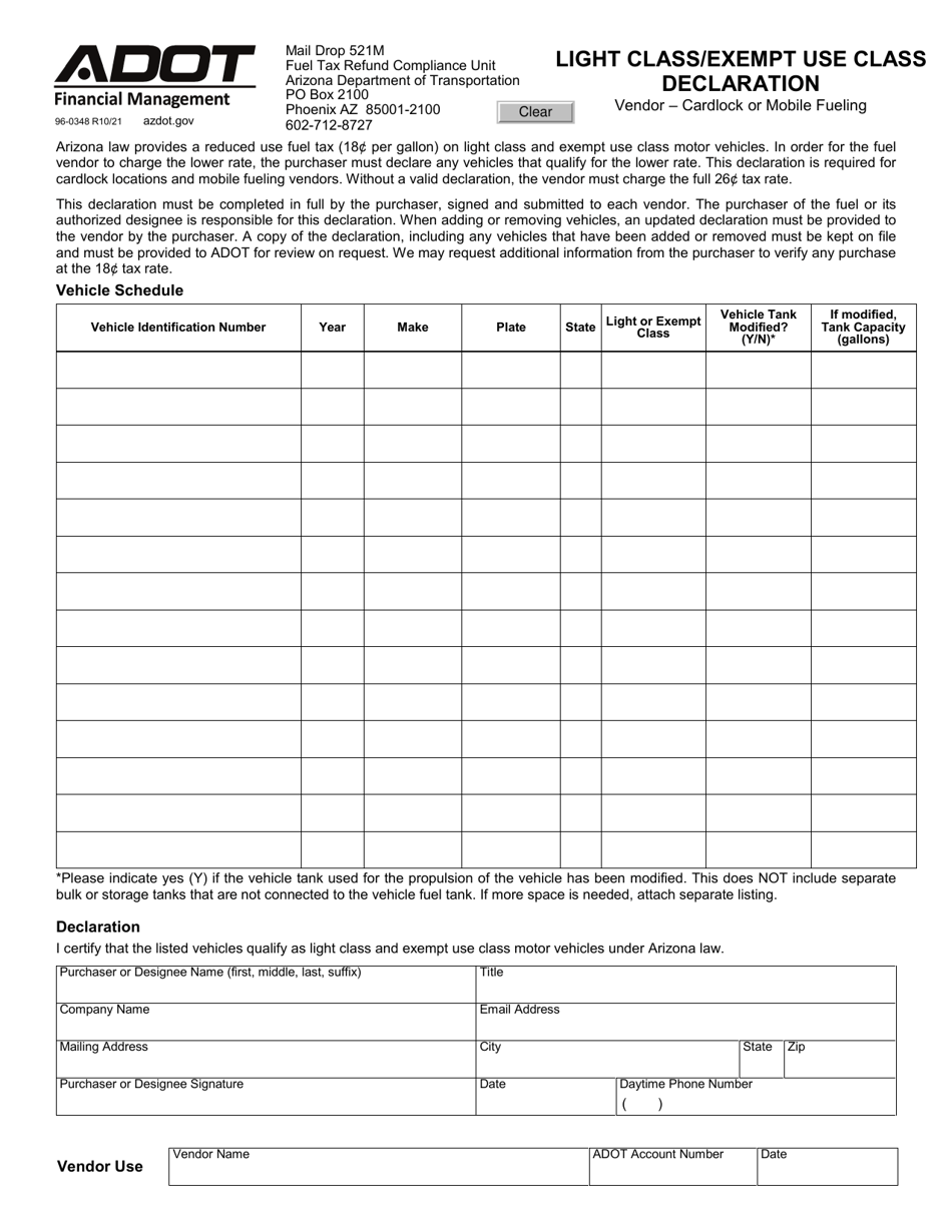 Form 96-0348 Light Class / Exempt Use Class Declaration - Arizona, Page 1