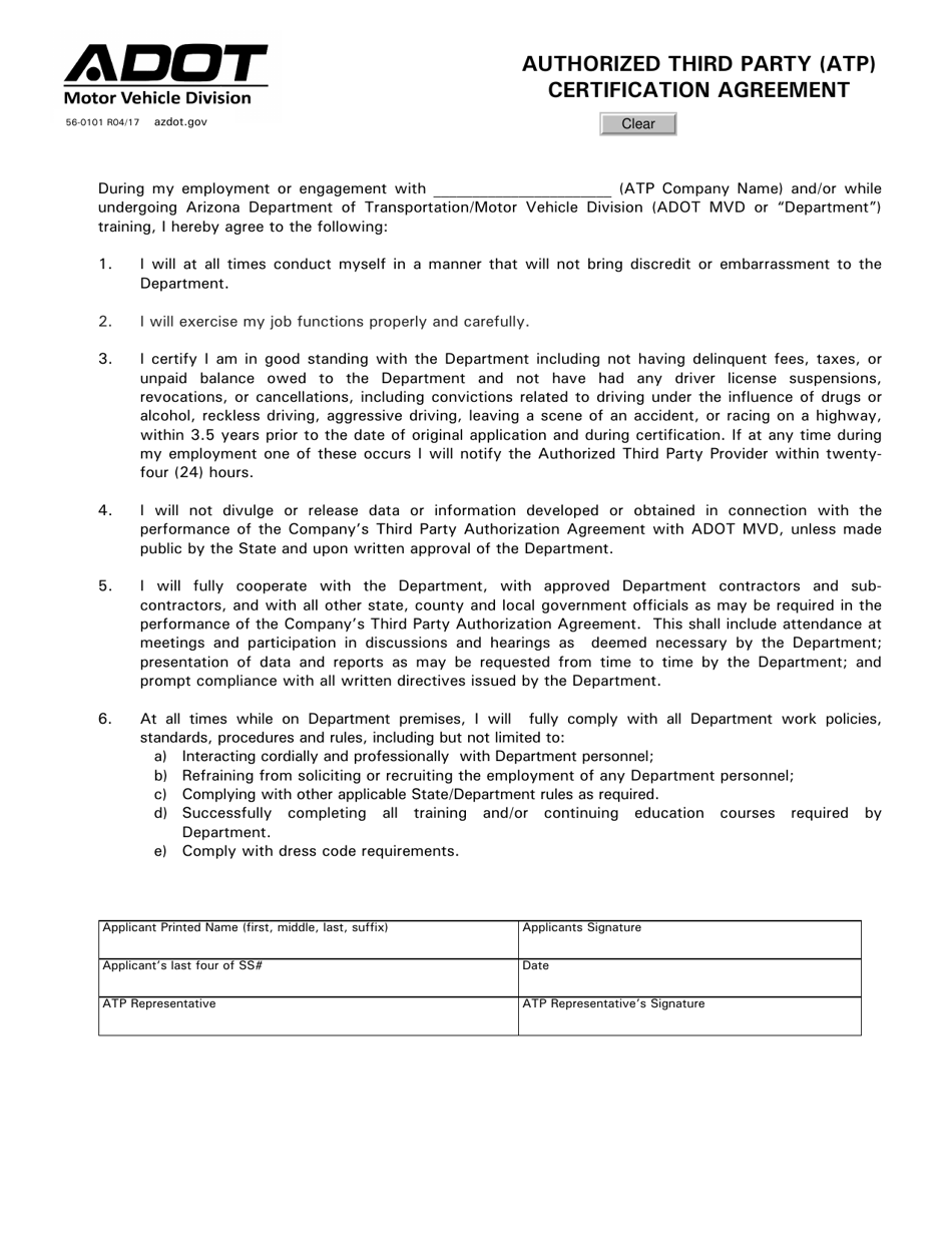 Form 56-0101 Authorized Third Party (ATP) Certification Agreement - Arizona, Page 1