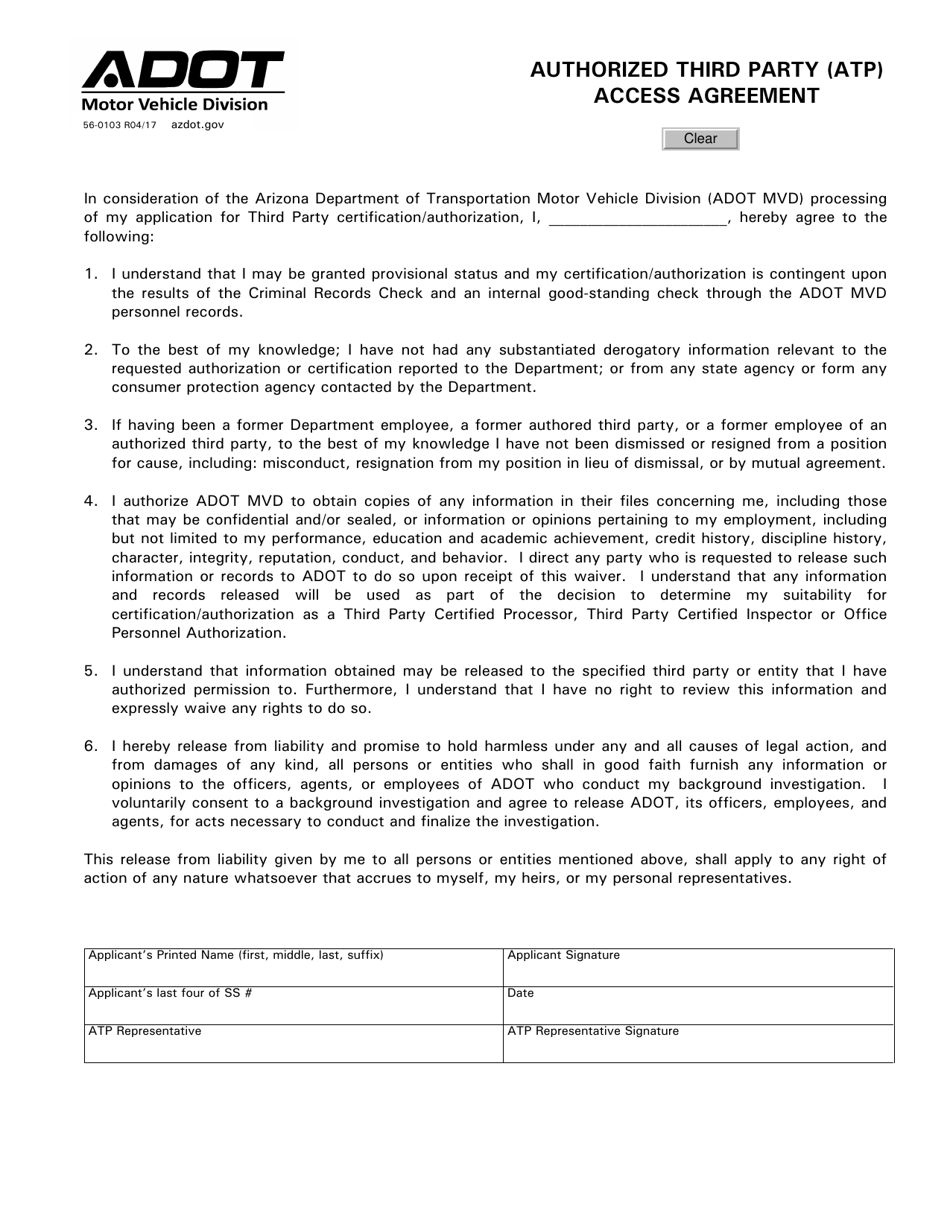 Form 56-0103 Authorized Third Party (ATP) Access Agreement - Arizona, Page 1