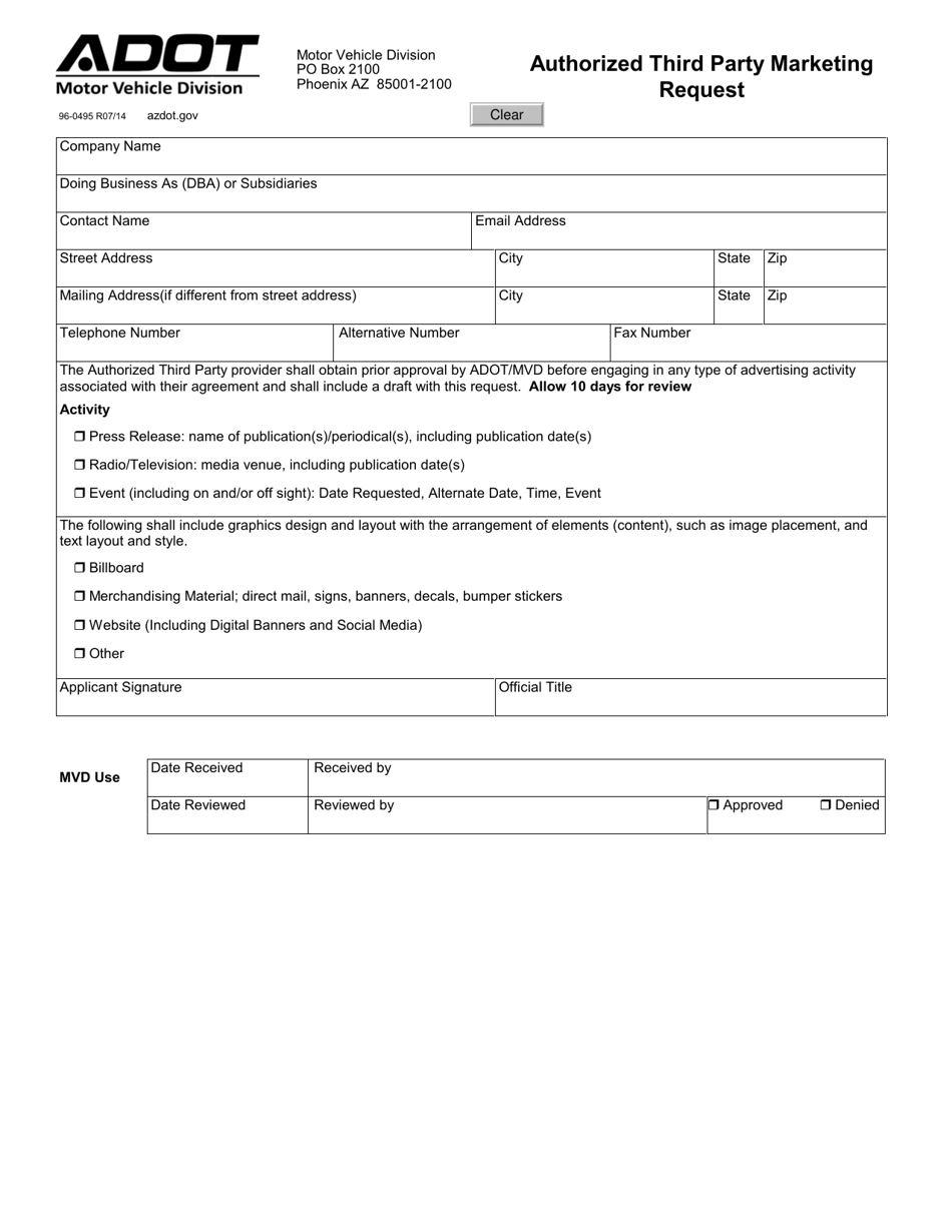Form 96-0495 Authorized Third Party Marketing Request - Arizona, Page 1