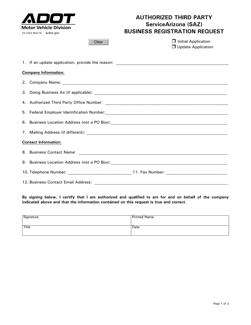 Form 53-1002 Authorized Third Party Servicearizona (Saz) Business Registration Request - Arizona, Page 1