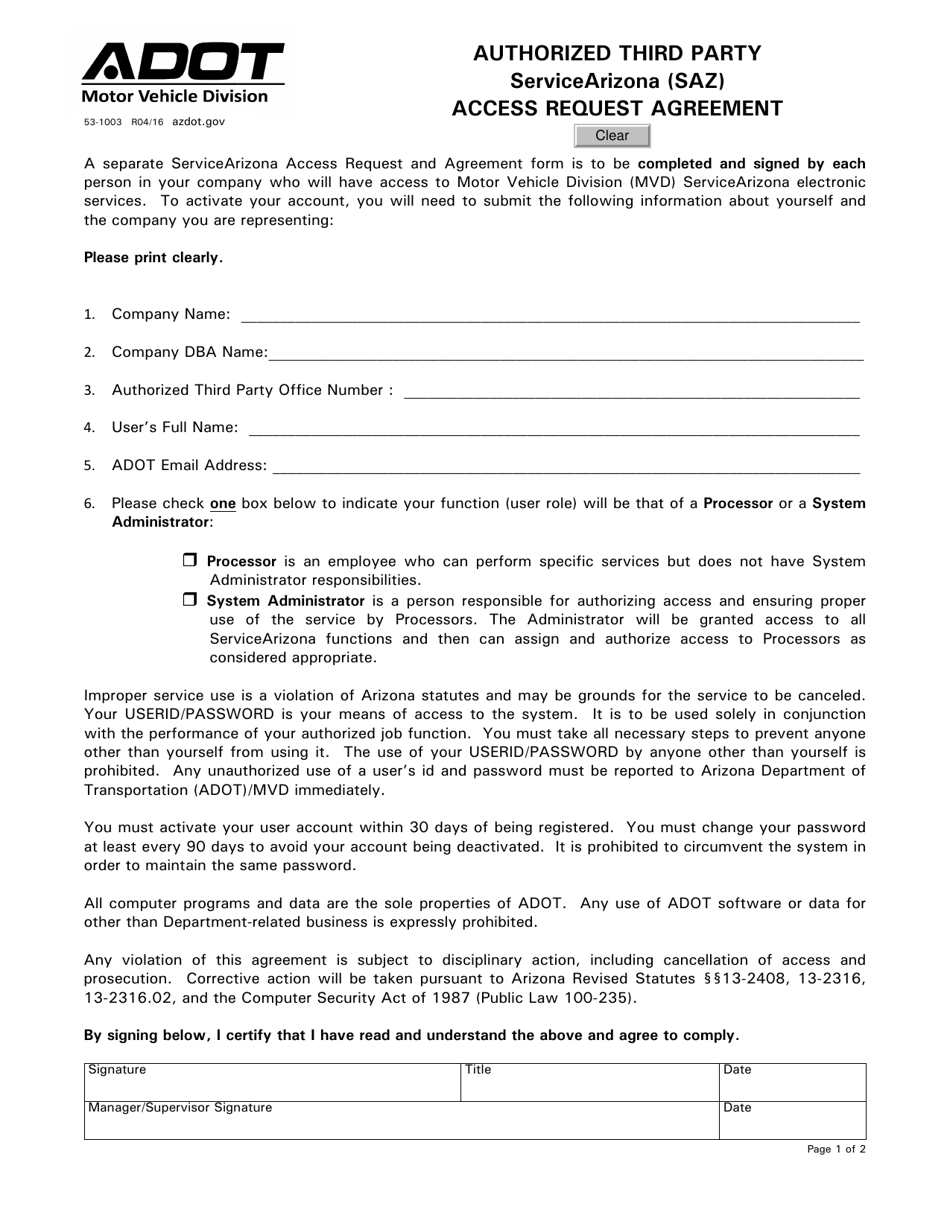 Form 53-1003 Authorized Third Party Servicearizona (Saz) Access Request Agreement - Arizona, Page 1