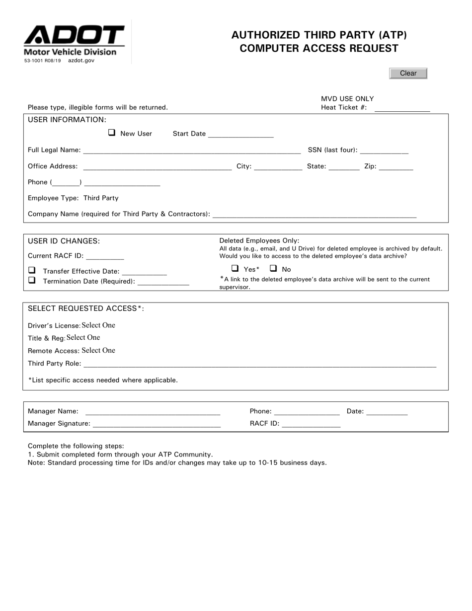 Form 53-1001 Authorized Third Party (ATP) Computer Access Request - Arizona, Page 1