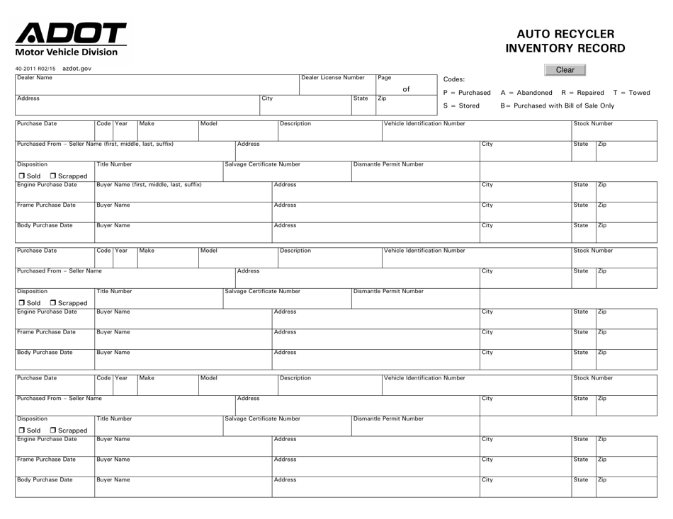 Form 40-2011 Auto Recycler Inventory Record - Arizona, Page 1