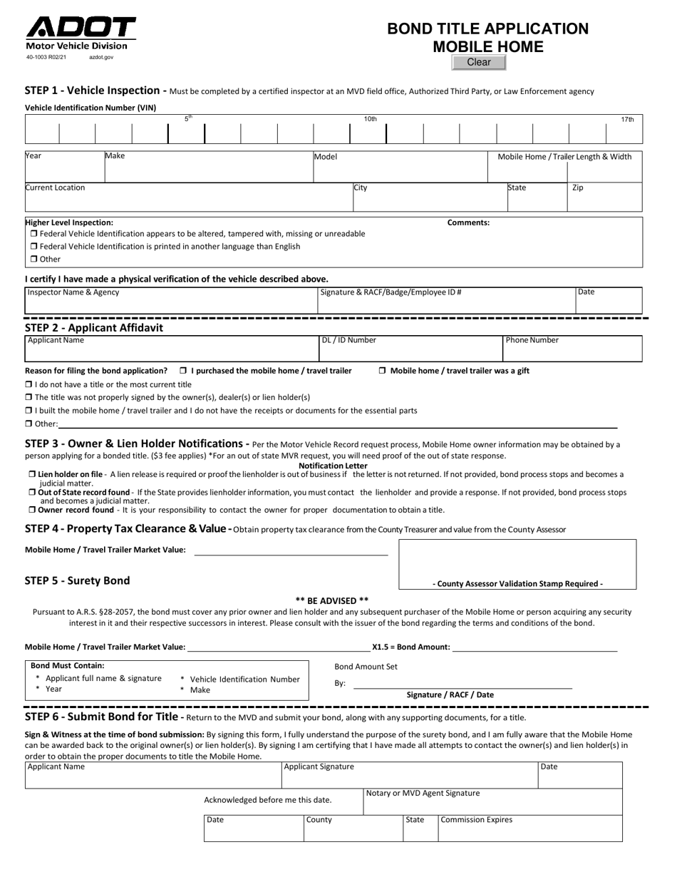 Form 40-1003 Bonded Title Application - Mobile Home - Arizona, Page 1