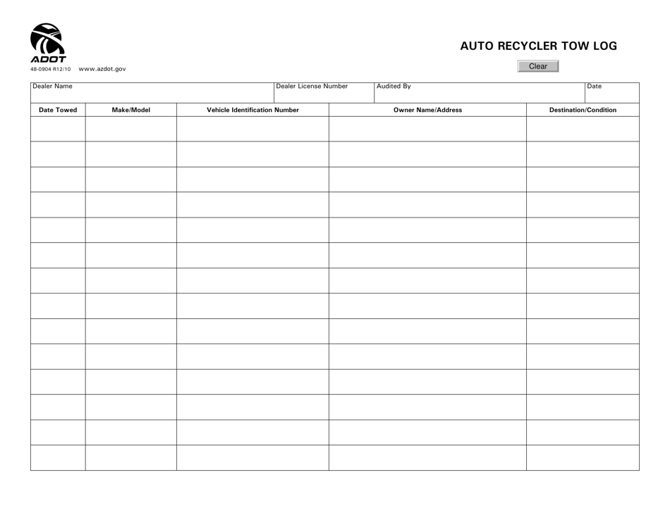 Form 48-0904 Auto Recycler Tow Log - Arizona, Page 1