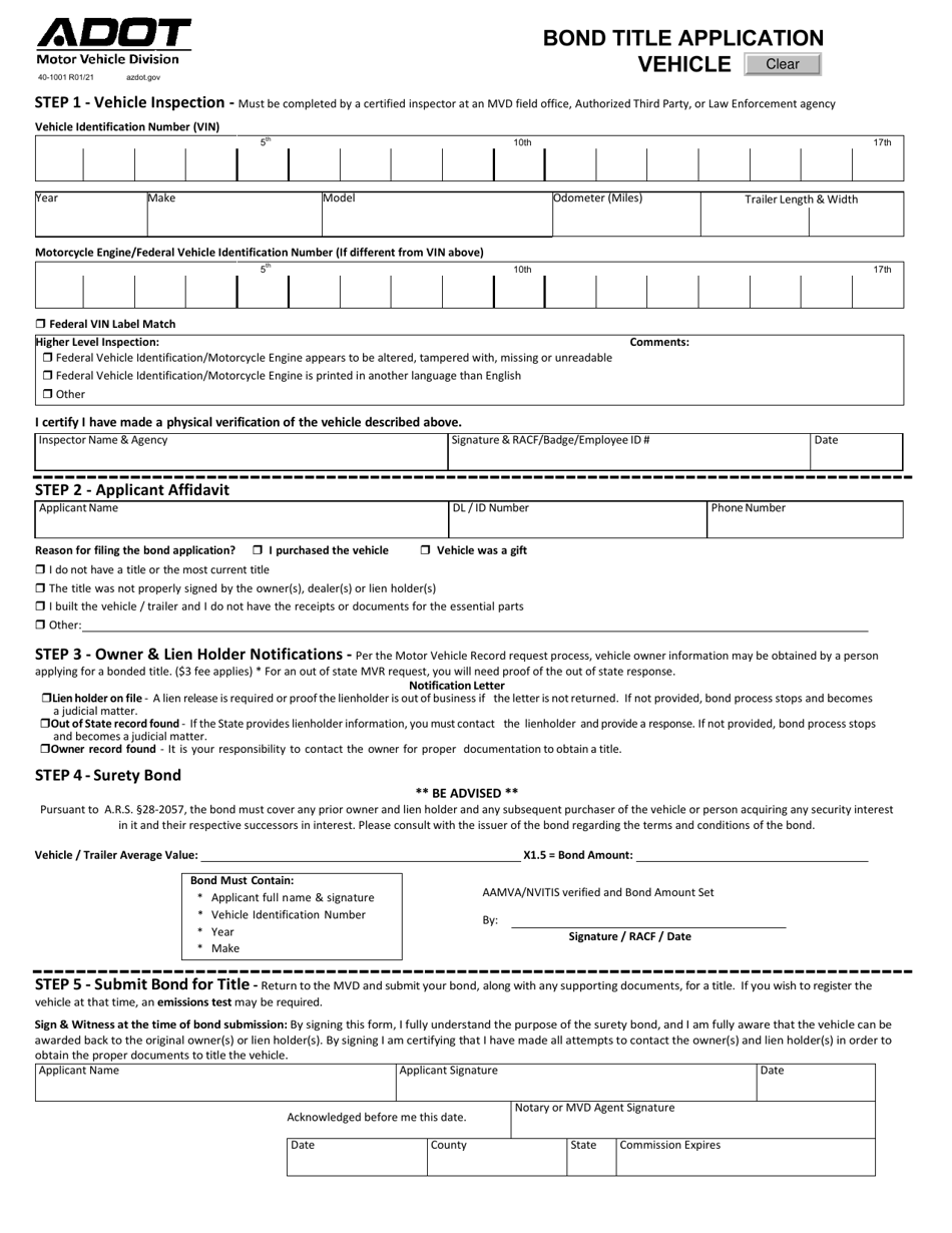 Form 40-1001 Bonded Title Application - Vehicle - Arizona, Page 1