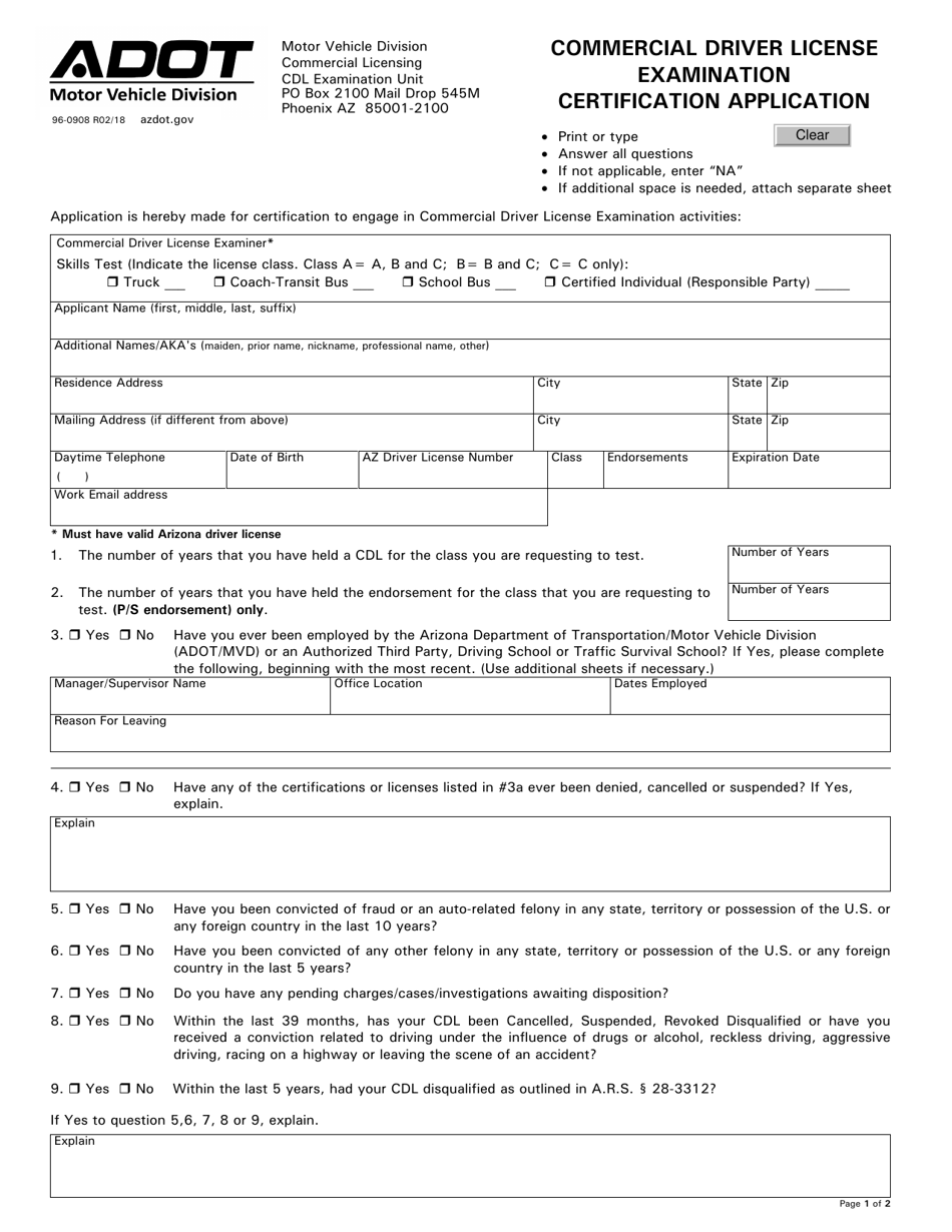 Form 96-0908 Commercial Driver License Examination Certification Application - Arizona, Page 1