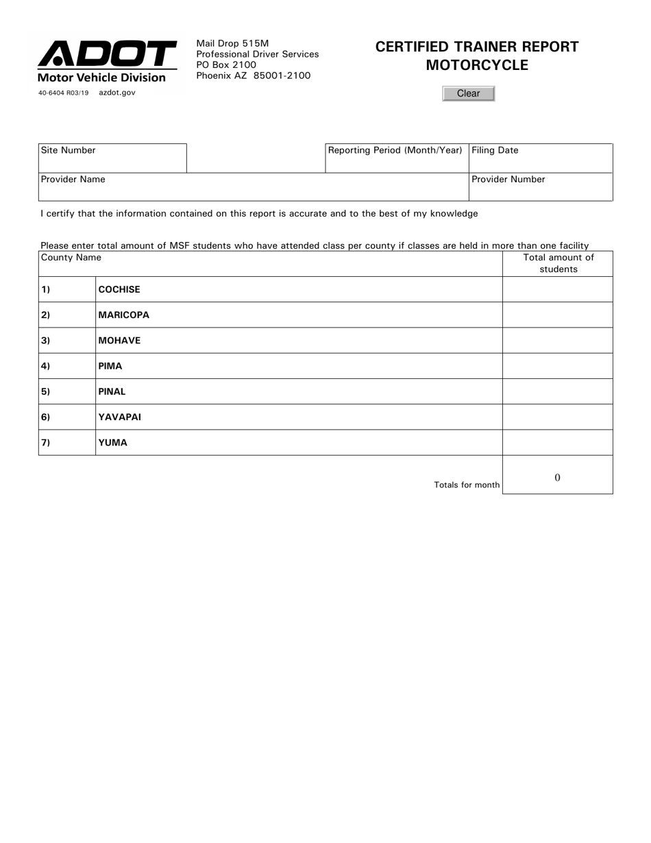 Form 40-6404 Certified Trainer Report - Motorcycle - Arizona, Page 1