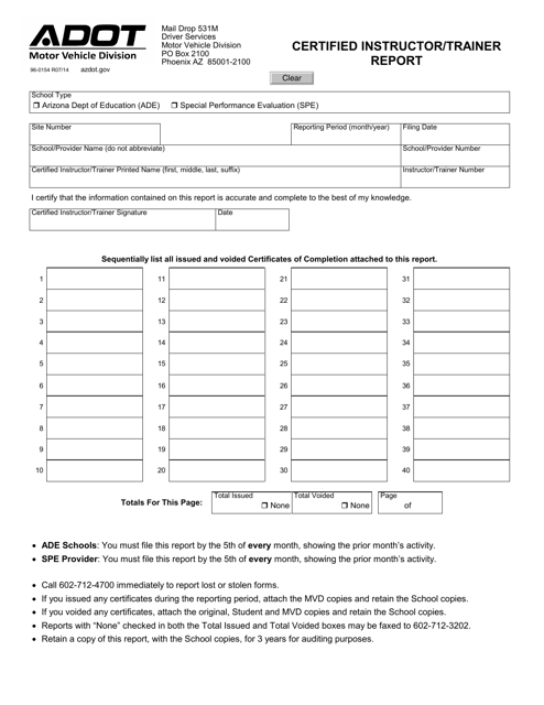 Form 96-0154 Certified Instructor Report - Arizona