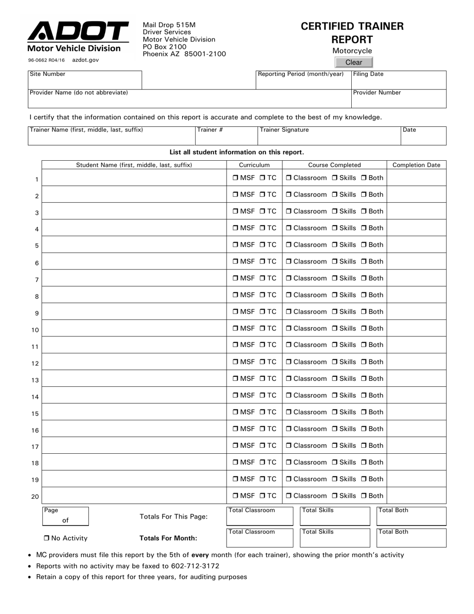 Form 96-0662 Certified Instructor Report - Motorcycle - Arizona, Page 1
