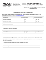 Document preview: Form 96-0104B Organization Disability - Plate/Placard Application - Arizona