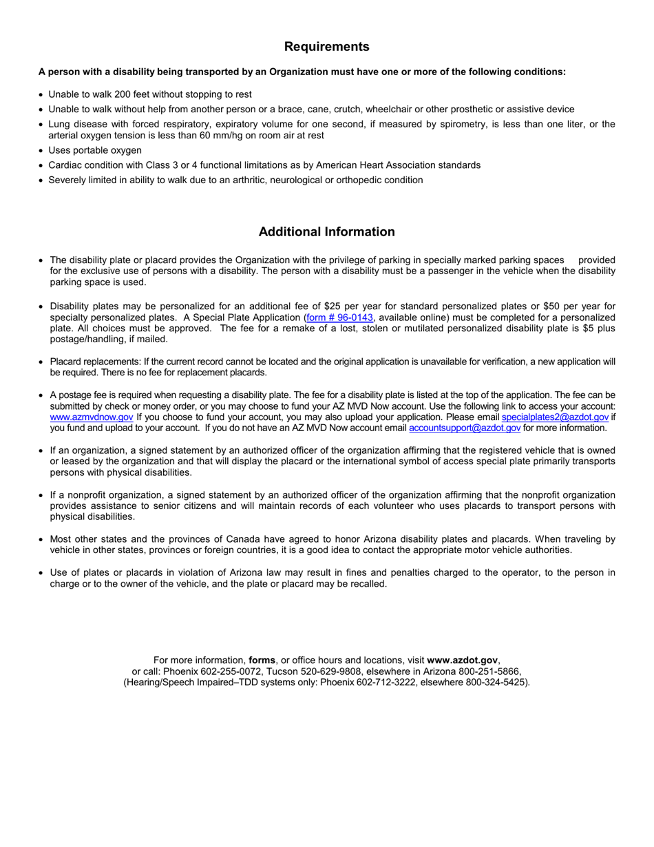 Form 96-0104B Organization Disability - Plate / Placard Application - Arizona, Page 2