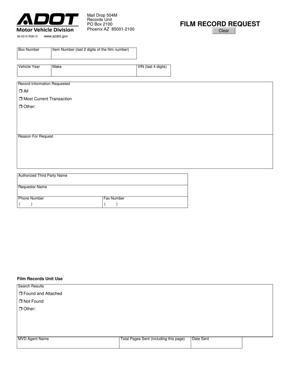 Form 96-0515 Film Record Request - Arizona, Page 1