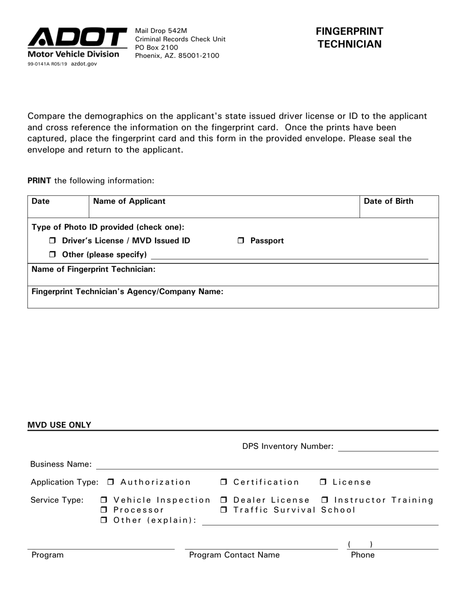 Form 99-0141A Fingerprint Technician - Arizona, Page 1