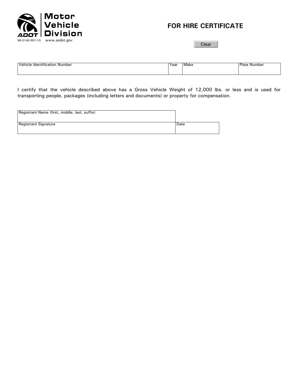 Form 96-0148 For Hire Certificate - Arizona, Page 1