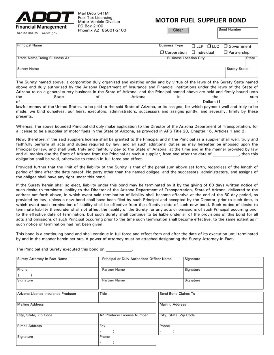 Form 96-0153 Motor Fuel Supplier Bond - Arizona, Page 1