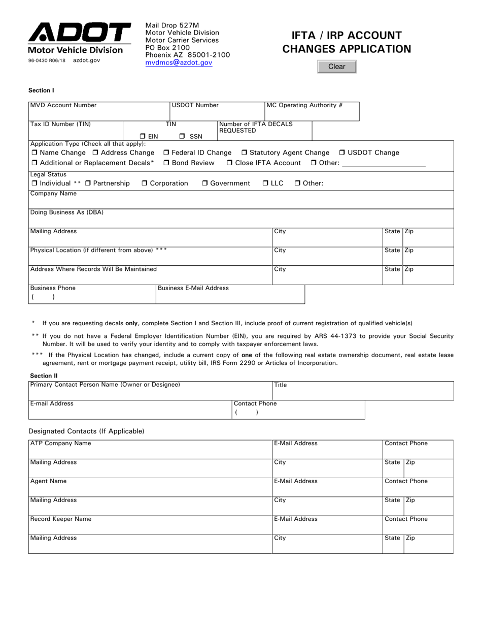 Form 96-0430 Ifta / Irp Account Changes Application - Arizona, Page 1